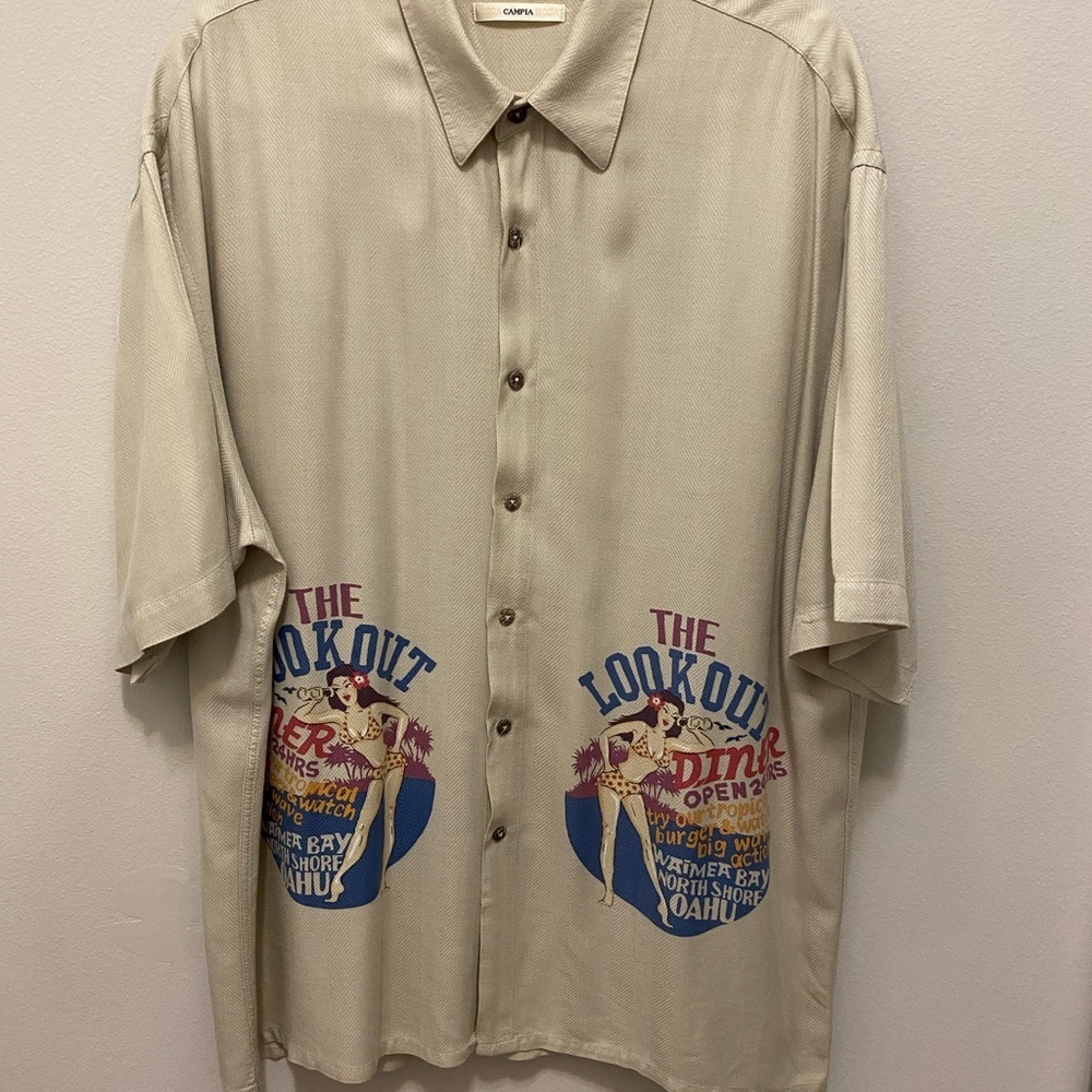 Men’s  CAMPIA XL short sleeve button down shirt in beige with diner logo. - Picture 2 of 12